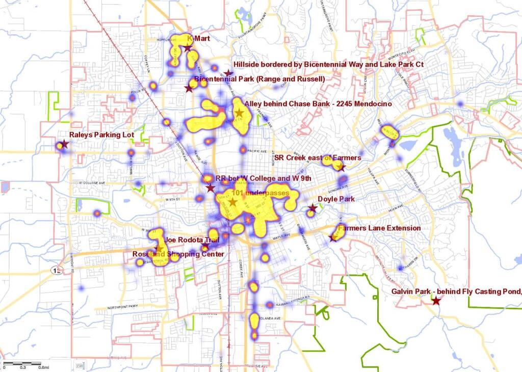 A heatmap of Santa Rosa shows homeless-related Santa Rosa Police calls. (City of Santa Rosa)