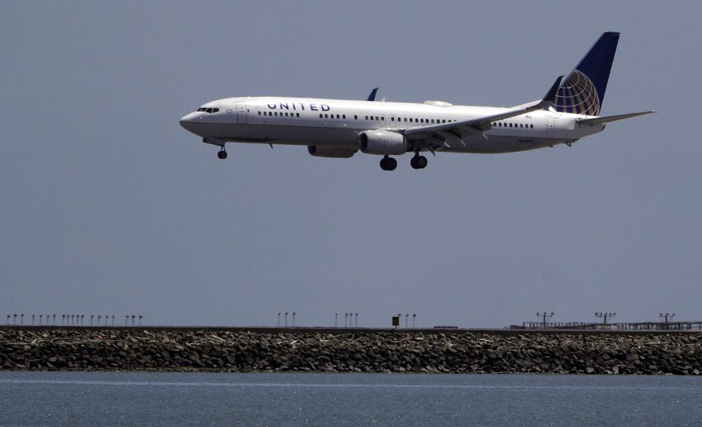 FILE - In this July 11, 2017, file photo, a United Airlines plane lands at San Francisco International Airport. A dog died on a United Airlines plane after a flight attendant ordered its owner to put the animal in the plane's overhead bin. United said Tuesday, March 13, 2018, that it took full responsibility for the incident on the Monday night flight from Houston to New York. In a statement, United called it 'a tragic accident that should never have occurred, as pets should never be placed in the overhead bin.' (AP Photo/Marcio Jose Sanchez, File)