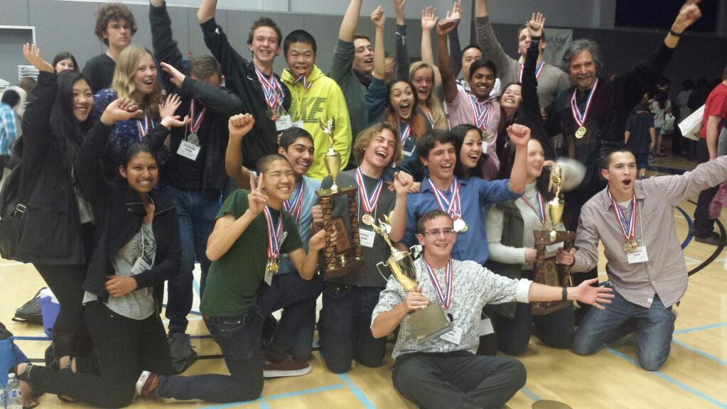 The Casa Grande Academic Decathlon team celebrates winning the Sonoma County championship for the 32nd consecutive year and also qualifying for state by winning the four-county regional competition as well.