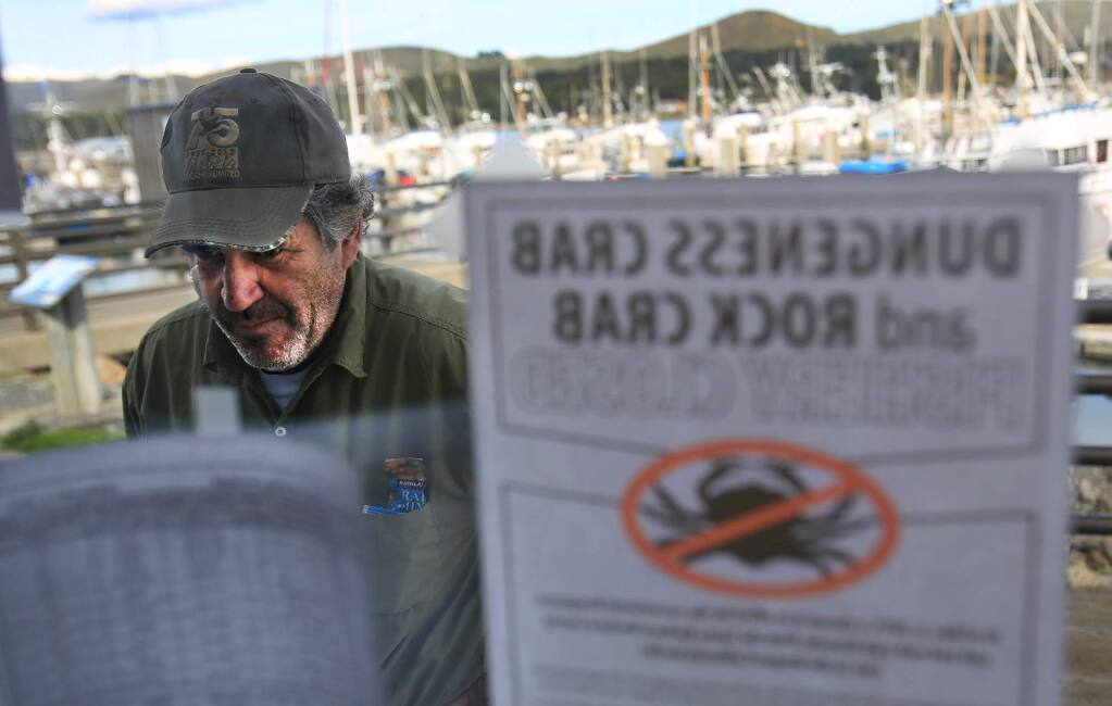 Jeff Genovese captain of the La Dolce Vita, reads the latest domoic acid levels and information about small business loans posted at Spud Point Marina in Bodega Bay, Thursday Feb. 4, 2016. The fisherman are having a tough time making ends meet as the Dungeness Crab season remains closed. (Kent Porter / Press Democrat) 2016