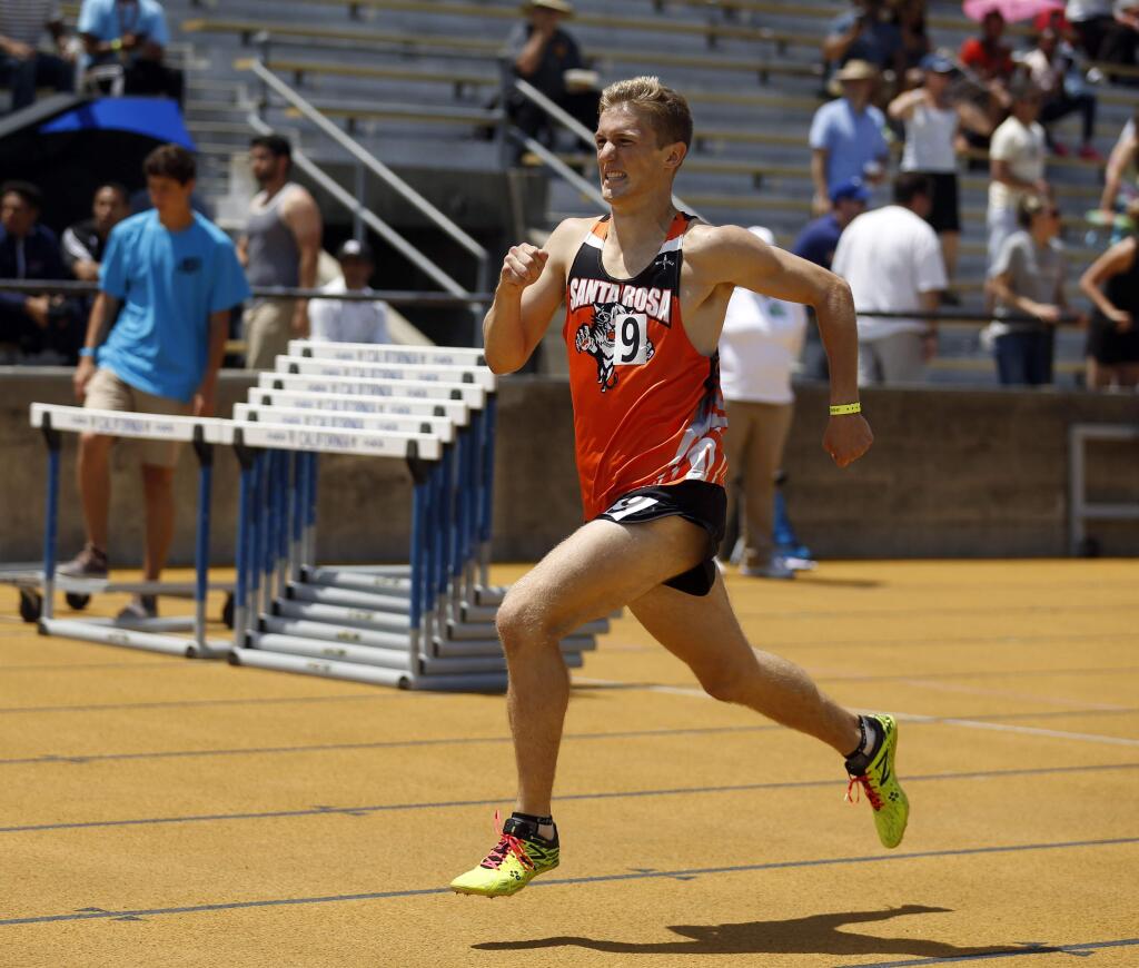 Santa Rosa's Luca Mazzanti (9), straining in the home stretch of the 1,600-meter run at the Meet of Champions at Cal's Edwards Stadium in May, finished second Thursday in the men's 17-18 division of the 2,000-meter steeplechase at the National Junior Olympics Championships at Sacramento State. (Photo by D. Ross Cameron)