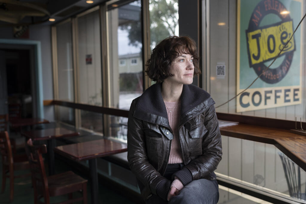 Formerly incarcerated student Leah Richardson, 37, at a coffee shop near Santa Rosa Junior College in Santa Rosa on Feb. 20, 2024. Photo by Laure Andrillon for CalMatters