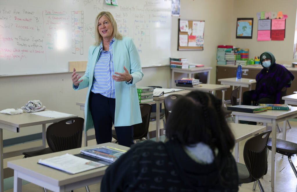 Amie Carter, recently elected Sonoma County Superintendent of Schools, introduces herself to students at Amarosa Academy in Santa Rosa, Monday, Nov. 14, 2022. (Christopher Chung/The Press Democrat file)