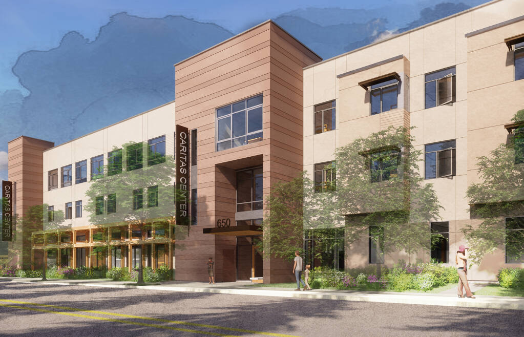 Architects rendering of the final Caritas village building. A three-story, 46,000 square foot service center. In addition, 128 affordable apartments will be built and managed by Burbank Housing.