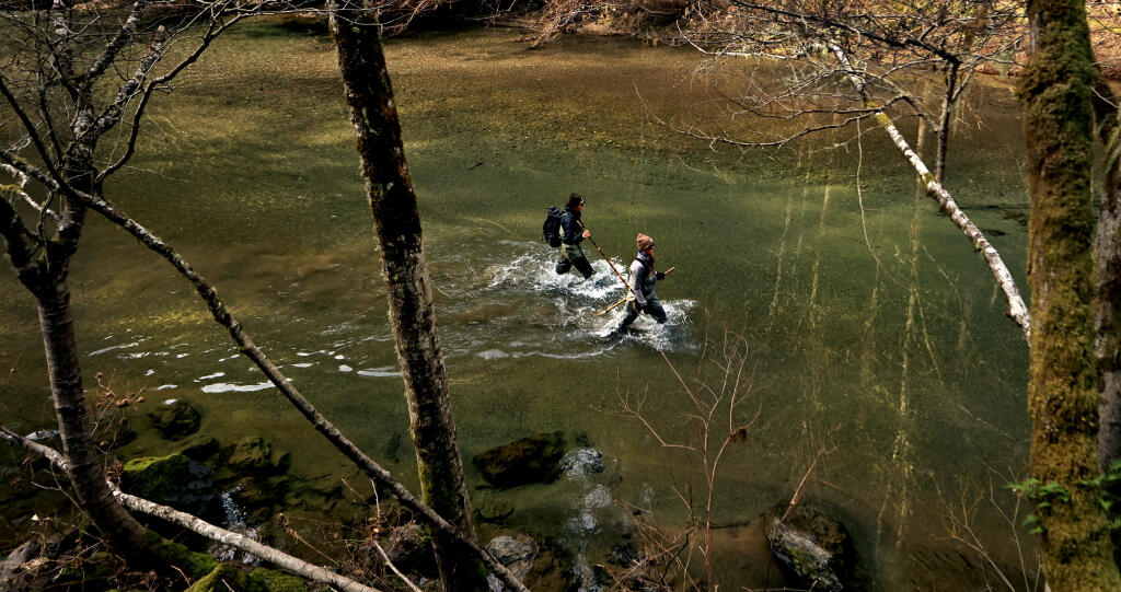 Sonoma Water’s fisheries technicians Natale Urquhart, left, and Madison Macphail, head up Austin Creek near Cazadero, Thursday, Feb. 16, 2023, as the two count steelhead along the way. (Kent Porter / The Press Democrat)