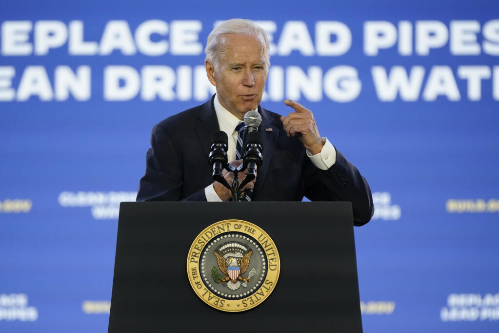 President Joe Biden speaks about his infrastructure agenda while announcing funding to upgrade Philadelphia's water facilities and replace lead pipes, Friday, Feb. 3, 2023, at Belmont Water Treatment Center in Philadelphia. (AP Photo/Patrick Semansky)