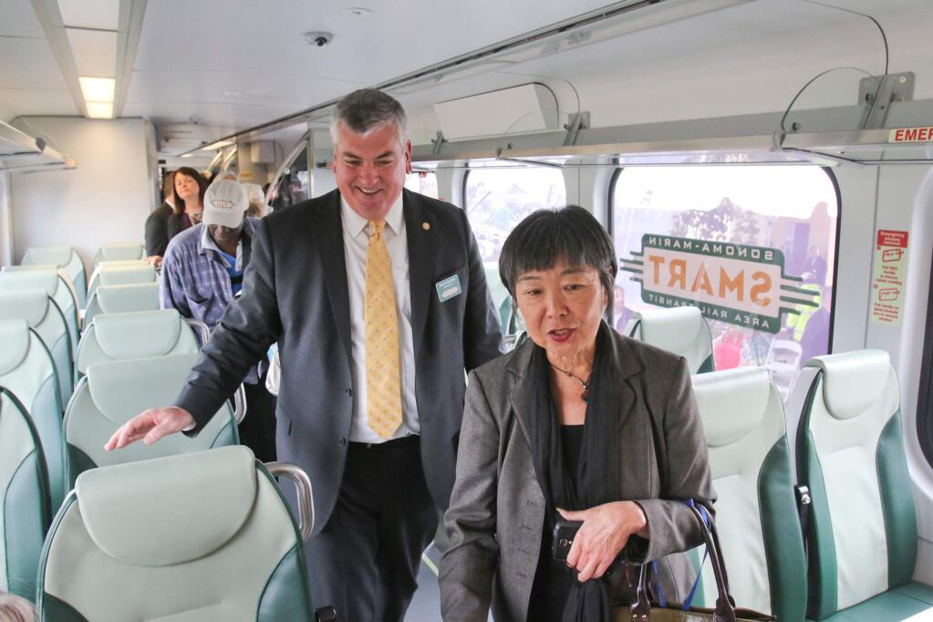 Sonoma County Supervisor David Rabbit tours the new train cars at the Cotati station at the SMART train unveiling ceremony on Tuesday, April 7, 2015. (SCOTT MANCHESTER/ARGUS-COURIER STAFF)