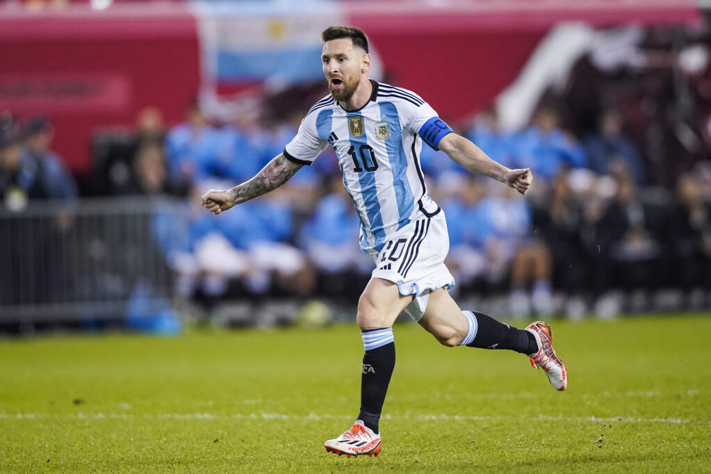 Argentina’s Lionel Messi celebrates his goal during the second half against Jamaica on Tuesday, Sept. 27, 2022, in Harrison, New Jersey. (AP Photo/Eduardo Munoz Alvarez, File)