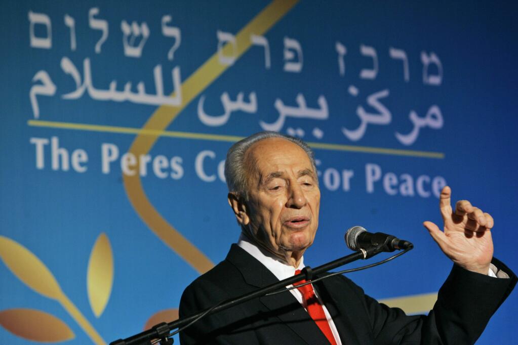 FILE - In this Oct. 28, 2008, file photo, Israeli President Shimon Peres speaks during the 10th anniversary celebration of the Peres Center for Peace in Tel Aviv, Israel. Shimon Peres, a former Israeli president and prime minister, whose life story mirrored that of the Jewish state and who was celebrated around the world as a Nobel prize-winning visionary who pushed his country toward peace, has died, the Israeli news website YNet reported early Wednesday, Sept. 28, 2016. He was 93. (AP Photo/Ariel Schalit, File)