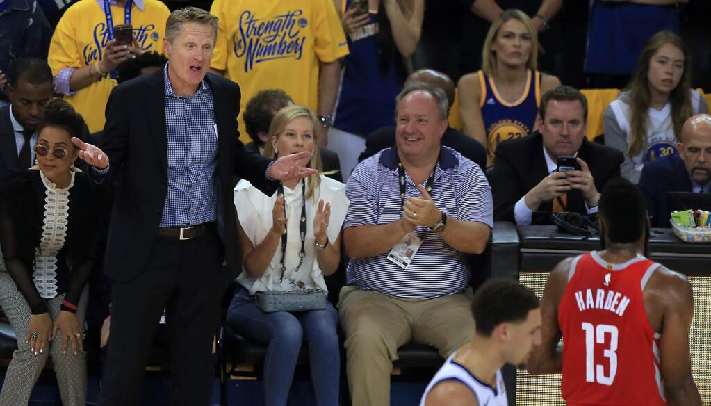 Warrior Coach Steve Kerr is puzzled by a foul call on Houston's James Harden in the Warriors 115-86 win during game 6 of the NBA Western Conference finals In Oakland, Saturday May 26, 2018. (Kent Porter / The Press Democrat) 2018