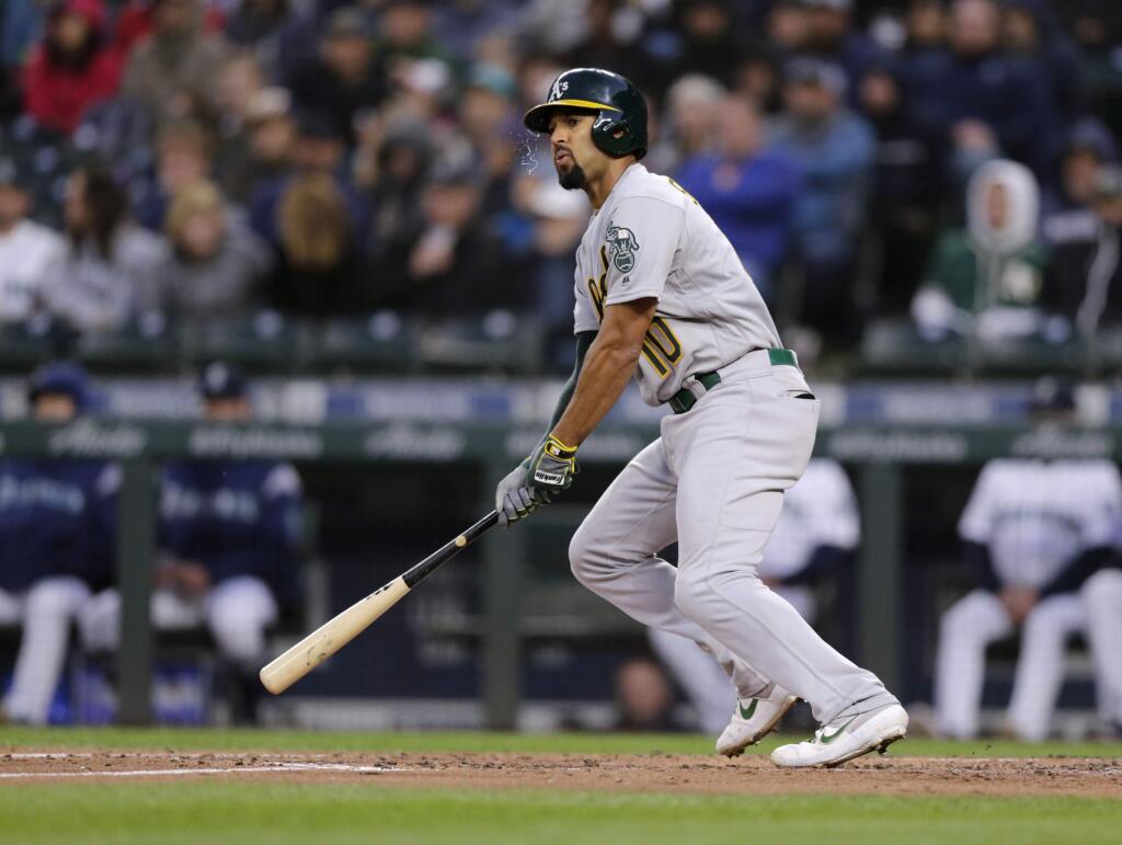The Oakland Athletics' Marcus Semien bats against the Seattle Mariners, Saturday, Sept. 28, 2019, in Seattle. (AP Photo/John Froschauer)