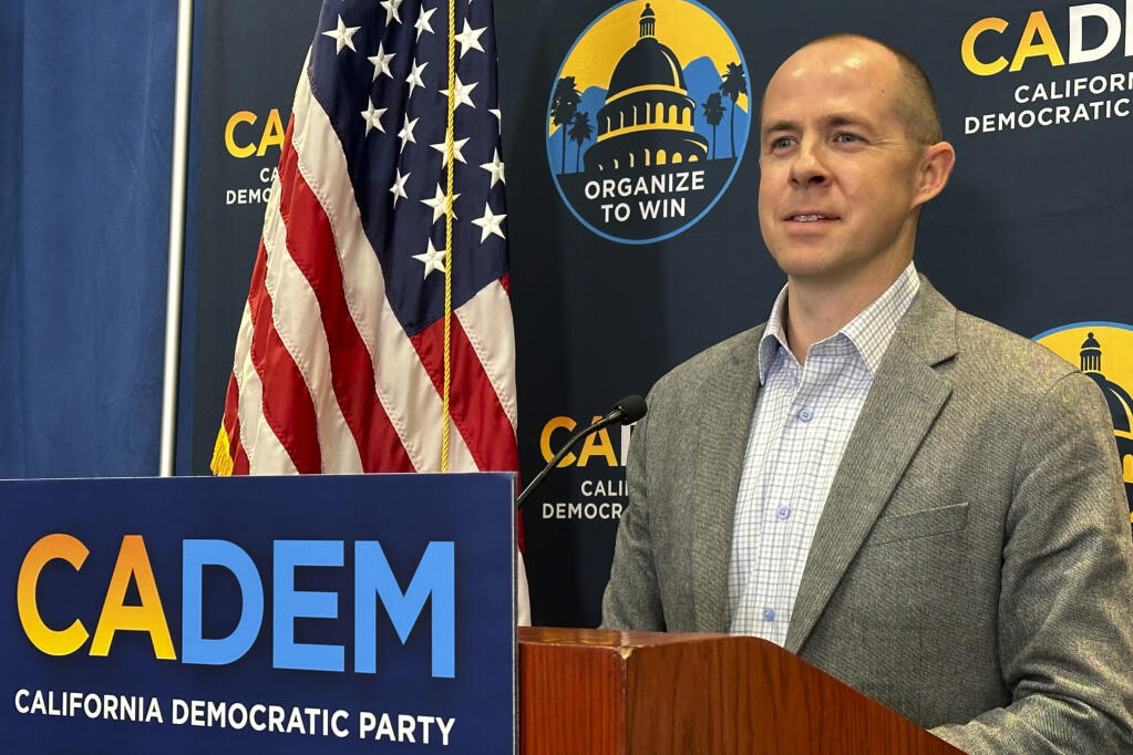 California Democratic Party Chair Rusty Hicks speaks during a news conference, Friday, Nov. 17, 2023, in Sacramento, Calif. The party is holding its endorsement convention, where delegates vote on whether to endorse candidates for the March 2024 primary election. (AP Photo/Adam Beam)