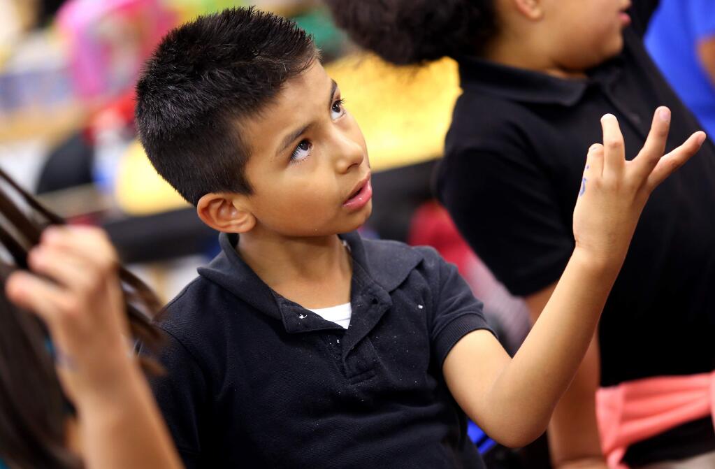 Brayam Espinoza practices his finger positions without his violin during Santa Rosa Symphony's Simply Strings program at Sheppard Elementary School, in Santa Rosa on Wednesday, November 19, 2014. (Christopher Chung/ The Press Democrat)