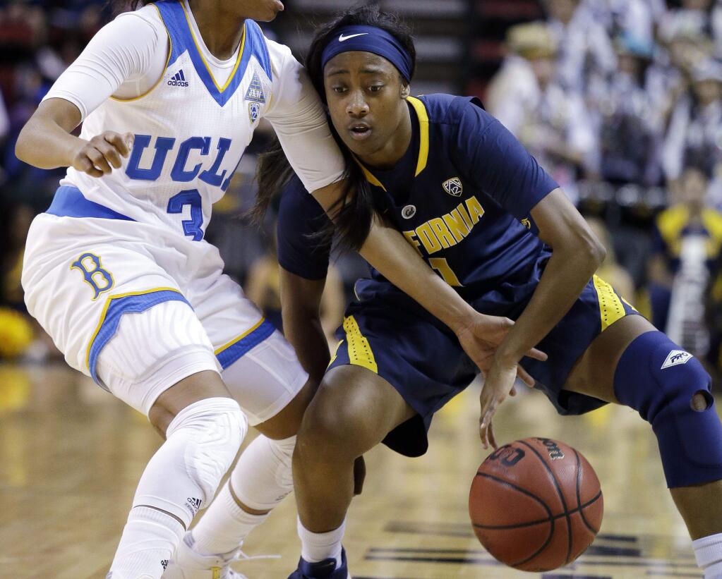 UCLA's Jordin Canada, left, steals the ball from Cal's Asha Thomas during the first half in the Pac-12 Conference women's tournament, Saturday, March 5, 2016, in Seattle. (AP Photo/Elaine Thompson)