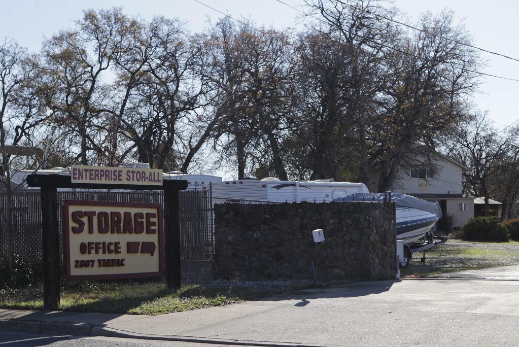 FILE - This Dec. 15, 2015, file photo, shows the entrance to a commercial storage unit facility is shown where two children were found dead in Redding, Calif. (Andreas Fuhrmann/The Record Searchlight via AP, File)