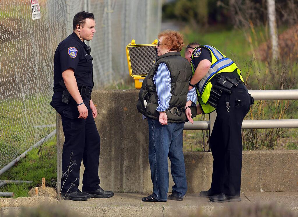 Santa Rosa police officers arrest a 77-year-old woman for suspected driving under the influence after she hit two pedestrians on Oakmont Drive on Wednesday, Jan. 20, 2016. (JOHN BURGESS / The Press Democrat)