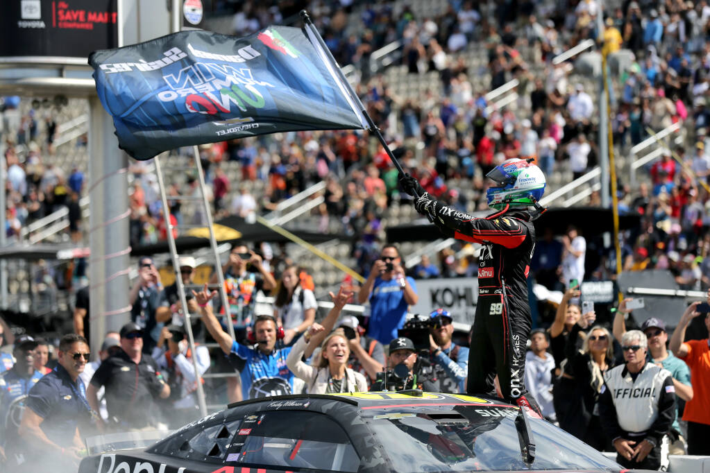 Daniel Suarez celebrates after winning last year’s Toyota/Save Mart 350 at Sonoma Raceway. (Beth Schlanker  / The Press Democrat file)