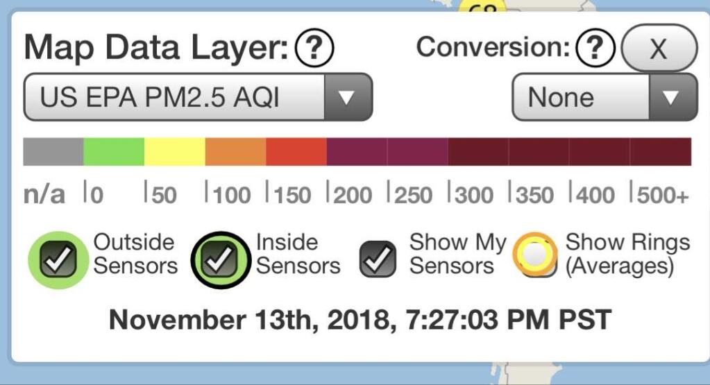The air quality levels on www.purpleair.com.