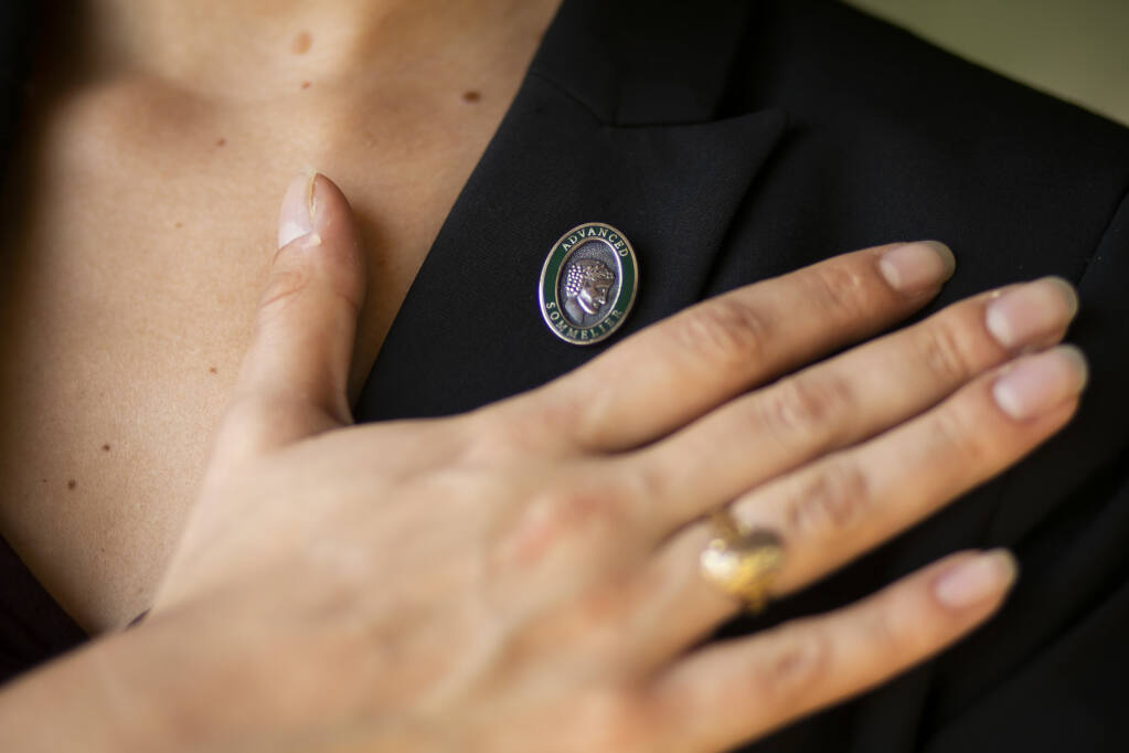An advanced sommelier's pin, a rare designation bestowed by the Court of Master Sommeliers. Twenty-one women said they have been sexually harassed, manipulated or assaulted by male master sommeliers. (Annie Mulligan/The New York Times) Oct. 13, 2020