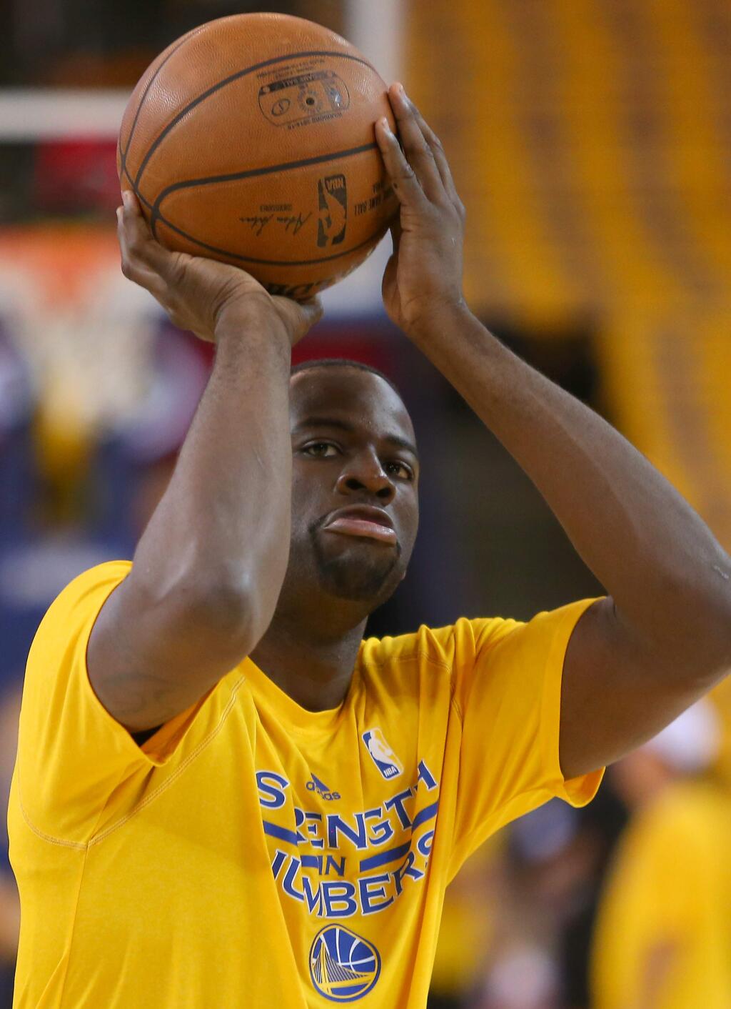 Golden State Warriors forward Draymond Green shoots from the free throw line during his shootaround prior to Game 2 of the NBA Playoffs Western Conference Finals at Oracle Arena, in Oakland on Thursday, May 21, 2015. (Christopher Chung/ The Press Democrat)