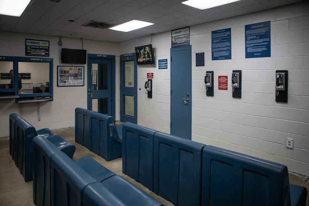 The intake hallway for inmates arriving at the Tulare County Adult Pre-Trial Facility on Sept. 18, 2023. Photo by Larry Valenzuela, CalMatters/CatchLight Local