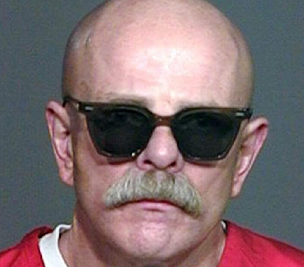 FILE - This undated prison inmate photo shows Aryan Brotherhood gang leader Barry 'The Baron' Mills. Mills, the murderous leader of the Aryan Brotherhood prison gang died July 8, 2018, in federal lockup in Florence, Colo., where he spent much of his life, according to a report by The Mercury News in San Jose, Calif. (Courtesy of The Orange County Register via AP)