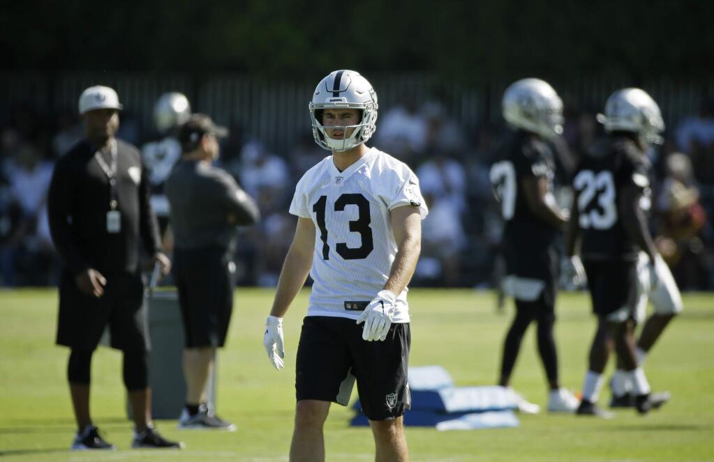 Oakland Raiders wide receiver Hunter Renfrow during training camp Saturday, July 27, 2019, in Napa. (AP Photo/Eric Risberg)