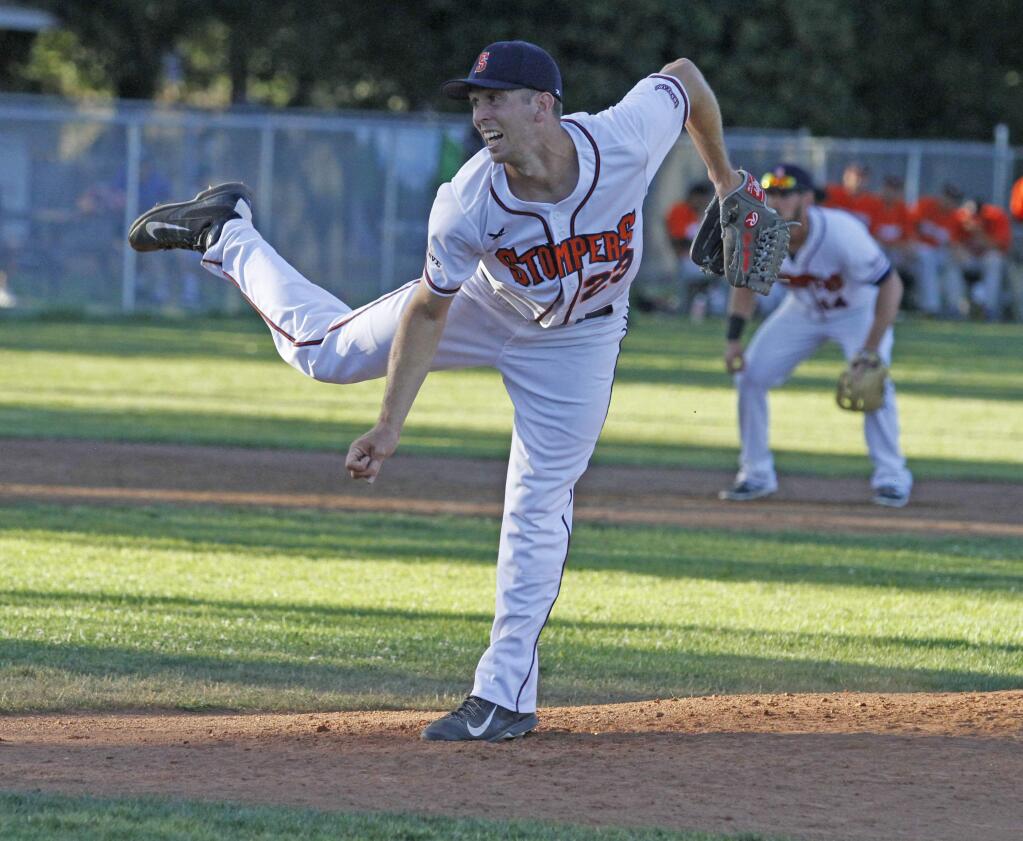 Bill Hoban/Index-TribuneStompers' pitcher Tyler Garkow delivers a pitch during a recent outing. Saturday, Garkow no-hit the San Rafael Pacifics for 6.2 innings before Jake Taylor spoiled the gem. Sonoma twook two of three over the weekend from the Pacifics.