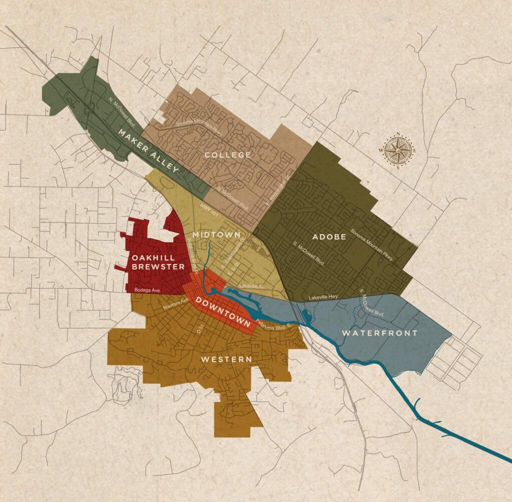 The new map of Petaluma eschews the traditional Eastside and Westside distinctions, instead representing the city as eight distinct areas or neighborhoods: Adobe, College, Downtown, Maker Alley, Midtown, Oakhill-Brewster, Waterfront and Western.