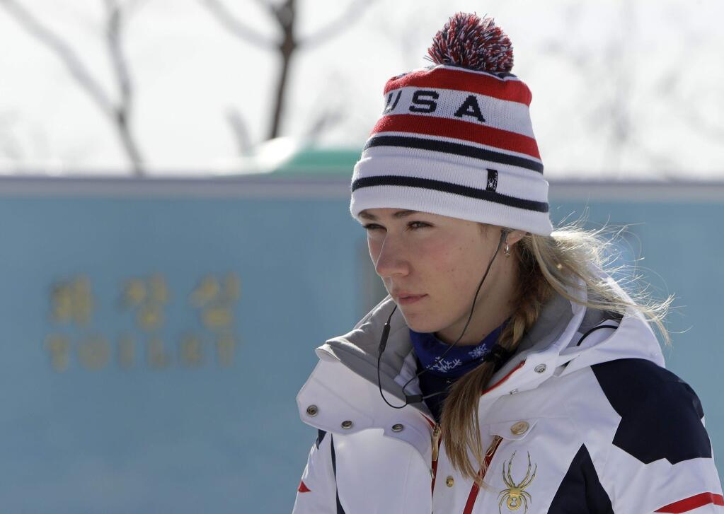 United States' Mikaela Shiffrin arrives for a women's downhill training run at the 2018 Winter Olympics in Jeongseon, South Korea, Monday, Feb. 19, 2018. (AP Photo/Michael Probst)