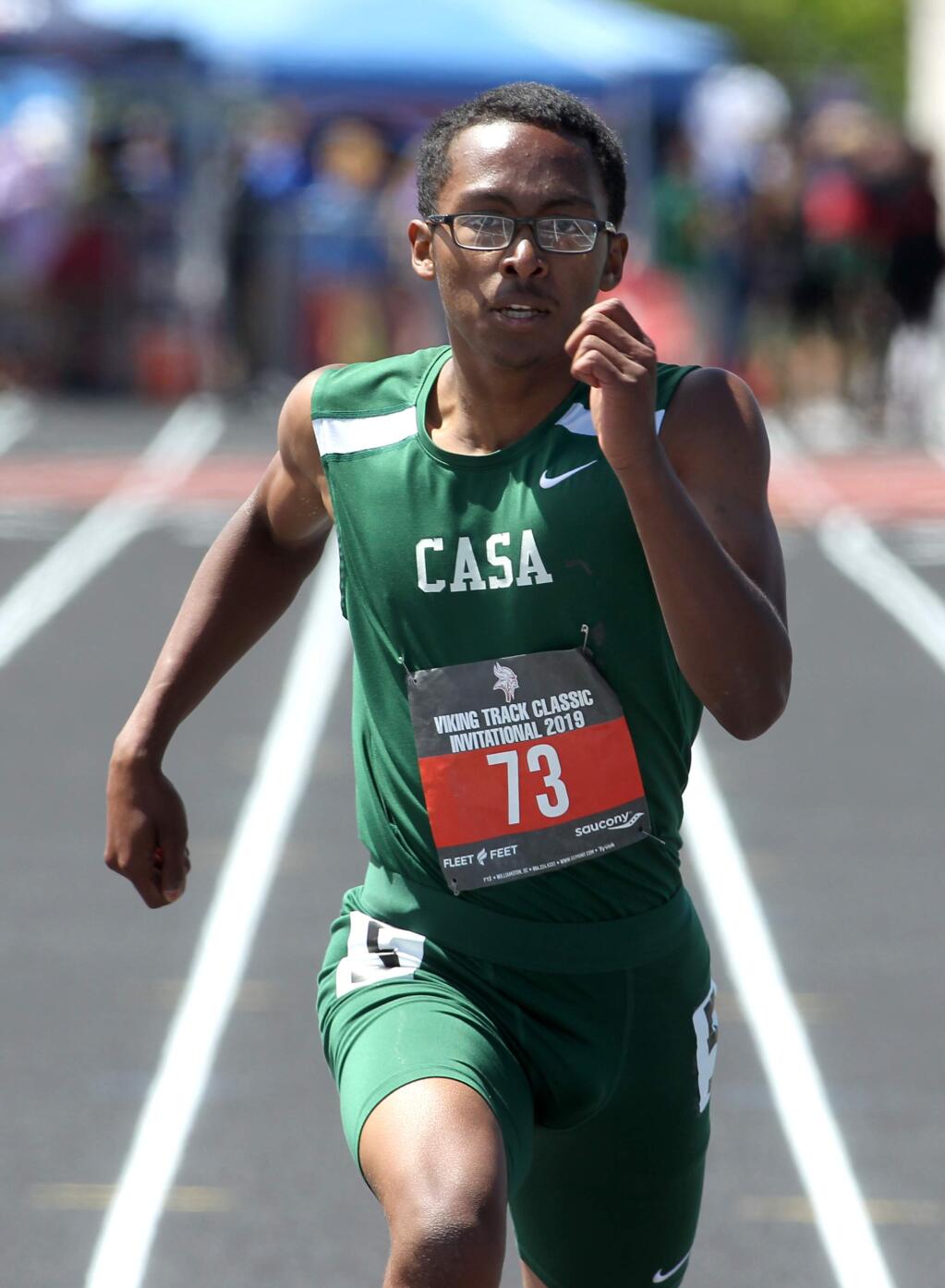 Jalydon Love on his way to winning the 400-meter dash heat during the Viking Track Classic at Montgomery High School in Santa Rosa, on Saturday, April 20, 2019. (Photo by Darryl Bush / For The Press Democrat)