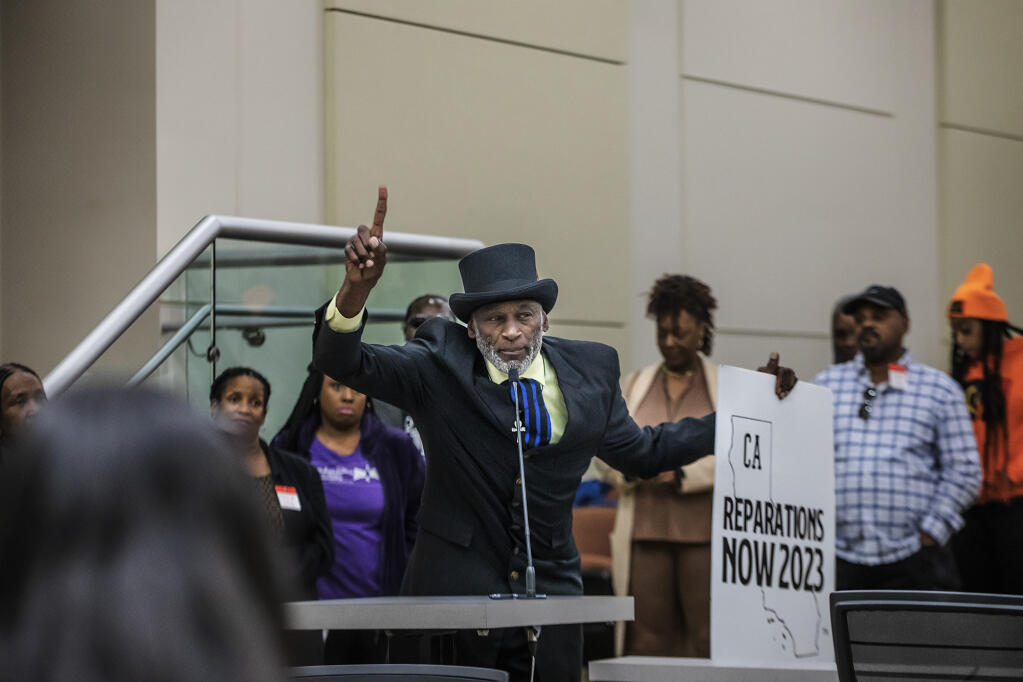 Community activist Morris Griffin speaks during a meeting with the state Reparations Task Force at the California Environmental Protection Agency headquarters in Sacramento on March 3, 2023. Photo by Rahul Lal, CalMatters