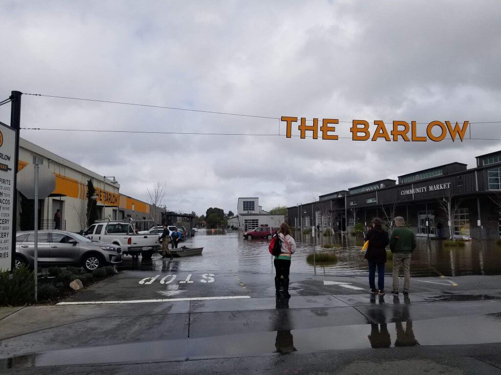 Flooding at The Barlow in Sebastopol on Wednesday, Feb. 27, 2019. (Will Bradley)