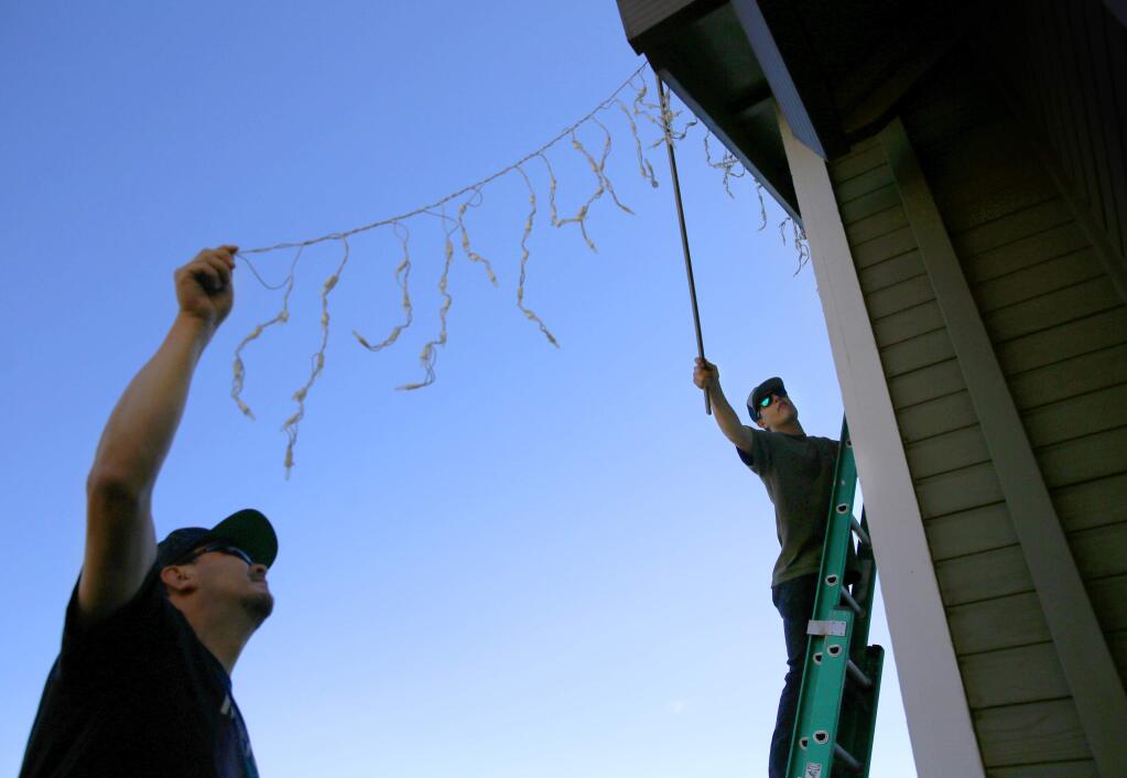Taking advantage of clear skies, Diego Franco, 17, right, and his father Marco hang Christmas lights outside their home in Rohnert Park on Sunday, November 25, 2018. (BETH SCHLANKER/ The Press Democrat)