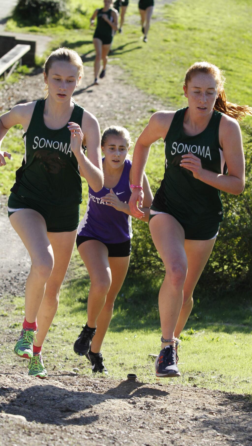 Bill Hoban/Index-TribuneSonoma's Malia Cashel, left, and Amy Stanfield, right, lead the pack during the first half of Wednesday's cross country meet at Maxwell Regional Park. The girls won and now sport a 6-0 league mark. Both the girls and boys teams will be competing in the SCL meet on Saturday, Nov. 5.