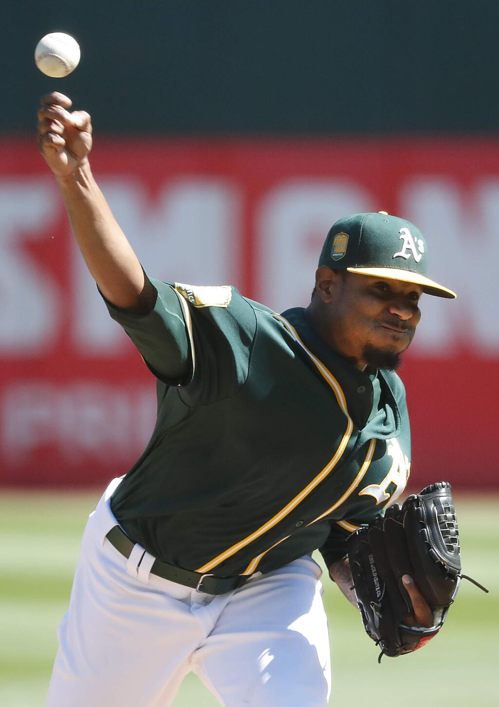 Oakland Athletics starting pitcher Edwin Jackson (37) throws against the Los Angeles Angels during the first inning of a baseball game in Oakland, Calif., Thursday, Sept. 20, 2018. (AP Photo/Tony Avelar)