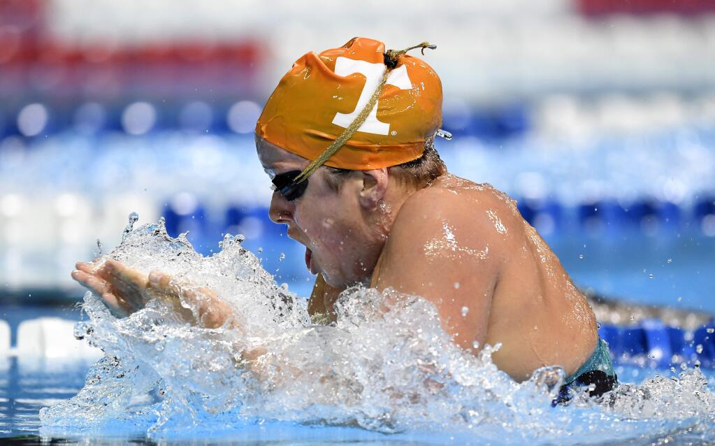 Molly Hannis swims in the women's 200-meter breaststroke preliminaries at the U.S. Olympic swimming trials, Thursday, June 30, 2016, in Omaha, Neb. (AP Photo/Mark J. Terrill)