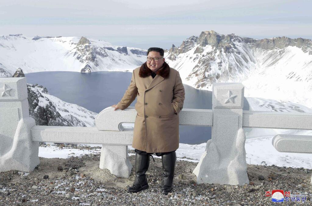 This undated photo provided on Wednesday, Dec. 4, 2019, by the North Korean government shows North Korean leader Kim Jong Un visits Mount Paektu, North Korea. North Korea says leader Kim has taken a second ride on a white horse to a sacred mountain in less than two months. Independent journalists were not given access to cover the event depicted in this image distributed by the North Korean government. The content of this image is as provided and cannot be independently verified. Korean language watermark on image as provided by source reads: 'KCNA' which is the abbreviation for Korean Central News Agency. (Korean Central News Agency/Korea News Service via AP)