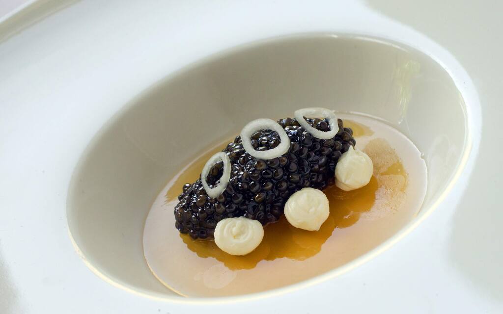 Bulgarian Osetra Caviar with shiitake gelée and crème fraiche from Madrona Manor in Healdsburg. (photo by John Burgess/The Press Democrat)