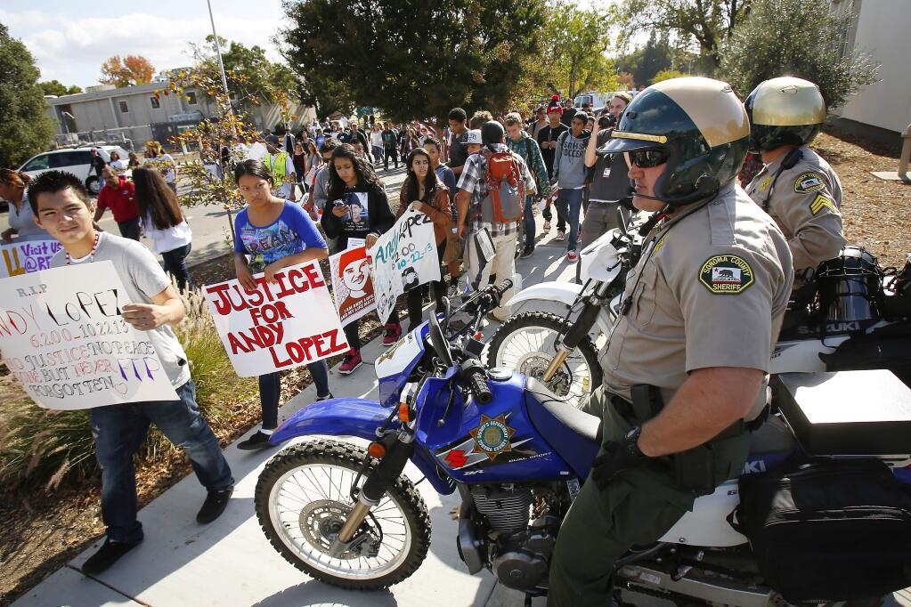 In the wake of the Oct. 22, 2013, shooting death of 13-year-old Andy Lopez by a Sonoma County sheriff's deputy, calls for civilian oversight of law enforcement took on a renewed urgency. One week after Lopez was killed, protesters march toward the Sonoma County Sheriff's Office. (Conner Jay/The Press Democrat)