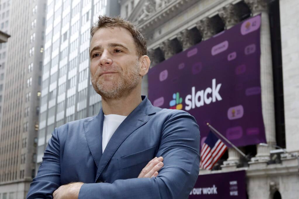 Slack CEO Stewart Butterfield poses outside the New York Stock Exchange before his company's IPO, June 20, 2019. (AP Photo/Richard Drew)