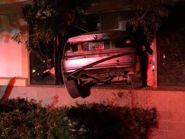 A driver allegedly attempting to outrun CHP officers in a pursuit crashed into a Santa Rosa building and fled before being arrested on Sunday, Aug. 6, 2017. (COURTESY OF SANTA ROSA FIRE BATTALION CHIEF MARK BASQUE)