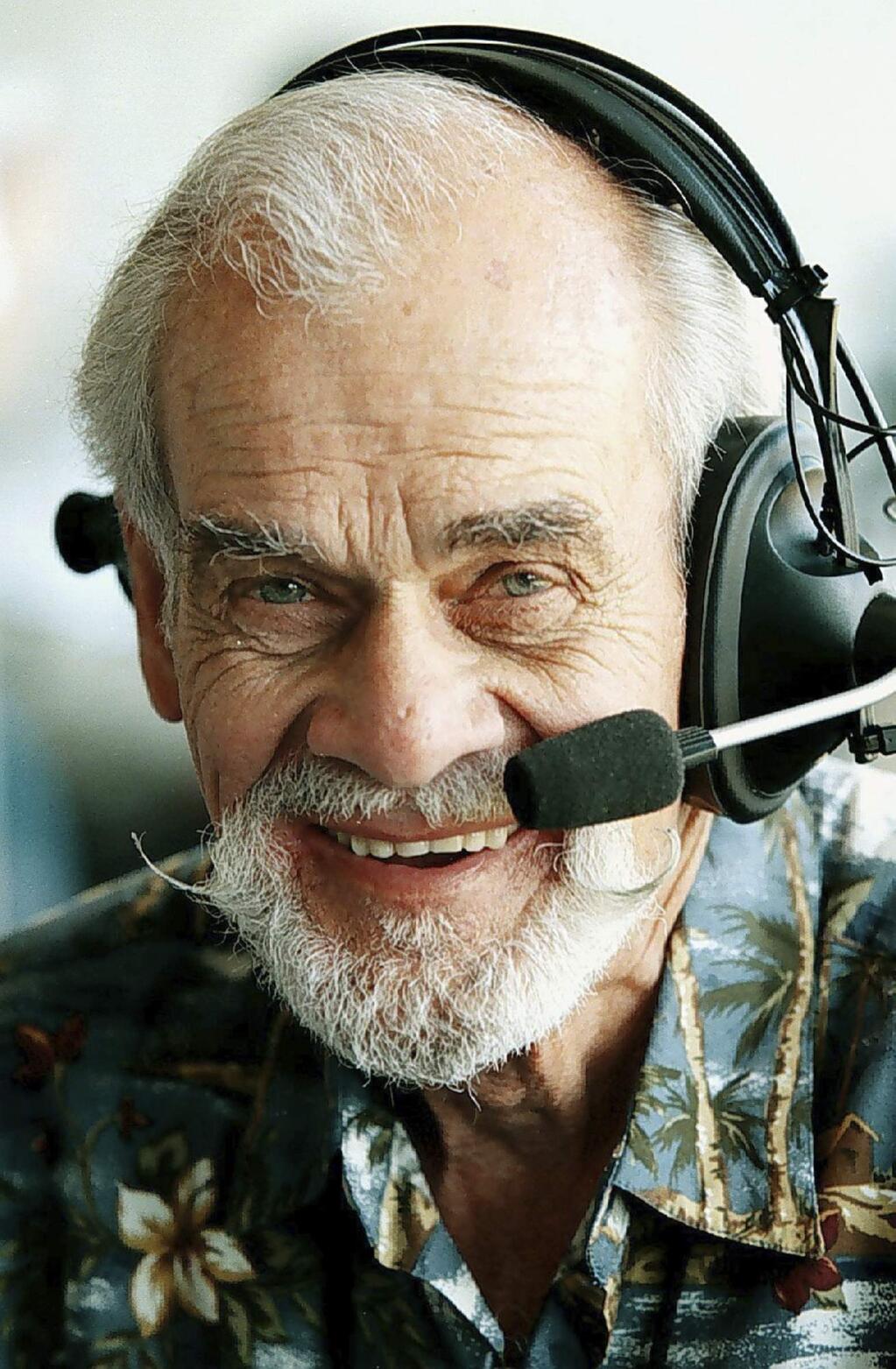 In this April 15, 1999, file photo, longtime Oakland Athletics radio voice Bill King is shown. King has won the Ford C. Frick Award presented by the Hall of Fame for excellence in broadcasting. The award was announced Wednesday, Dec. 7, 2016, at the winter meetings. King died in 2005 after 25 years of calling A's games. (Nick Lammers/Oakland Tribune via AP)
