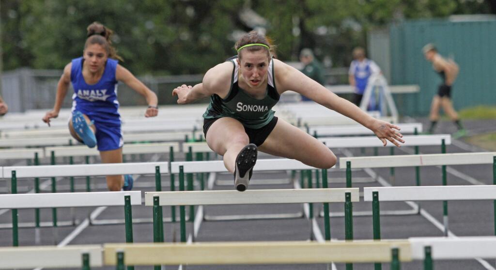 Bill Hoban/Index-Tribune Sonoma's Hannah Ford-Monroe clears another hurdle Wednesday during a dual track meet against Analy. Ford-Monroe won both the 100 hurdles and the 300 hurdles.