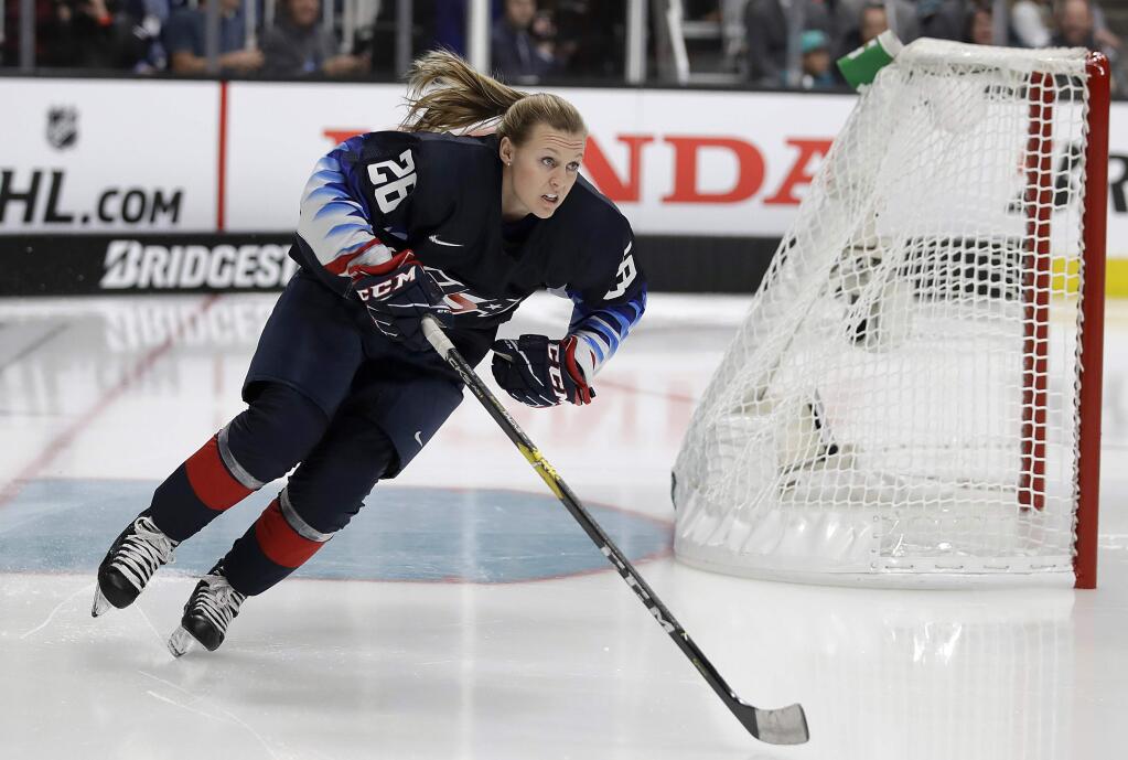 In this Jan. 25, 2019, file photo, the United States' Kendall Coyne Schofield skates during the Skills Competition, part of NHL All-Star Weekend, in San Jose. (AP Photo/Ben Margot, File)