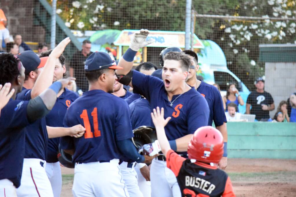 Chris Kwitzer celebrates his 2-run home run that put the Stompers up in the 3rd inning, 3-2. They were the last runs the Stompers scored in 2019, as the San Rafael Pacifics came back to win the game, the series and the league title, 5-3. (James W. Toy III / Stompers Baseball)