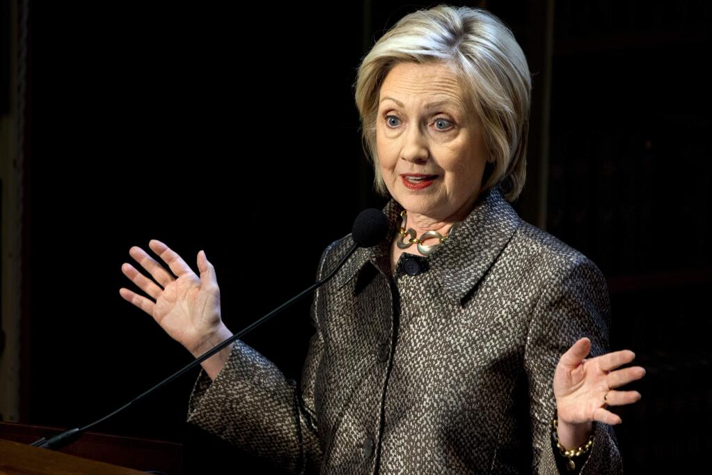 FILE - In this April 22, 2015 file photo, Democratic presidential candidate Hillary Rodham Clinton speaks in Washington. (AP Photo/Jacquelyn Martin, File)