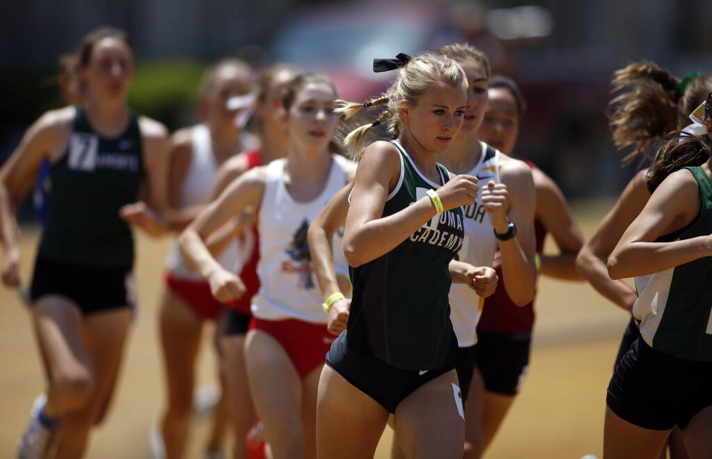 Rylee Bowen of Sonoma Academy waits for the moment to make her move to the front in the girls' 1,600 meters, at the Meet of Champions, Saturday, May 28, 2016, at Edwards Stadium on the campus of the University of California in Berkeley. (Photo by D. Ross Cameron)