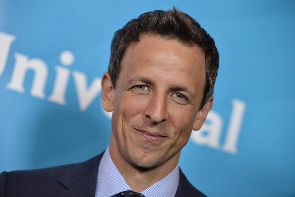 FILE - This July 13, 2014 file photo shows Seth Meyers at the NBC 2014 Summer TCA held at the Beverly Hotel in Beverly Hills, Calif. Meyers will serve as master of ceremonies when ìThe Prime-Time Emmy Awardsî airs Monday at 8 p.m. EDT on NBC. (Photo by Richard Shotwell/Invision/AP, File)
