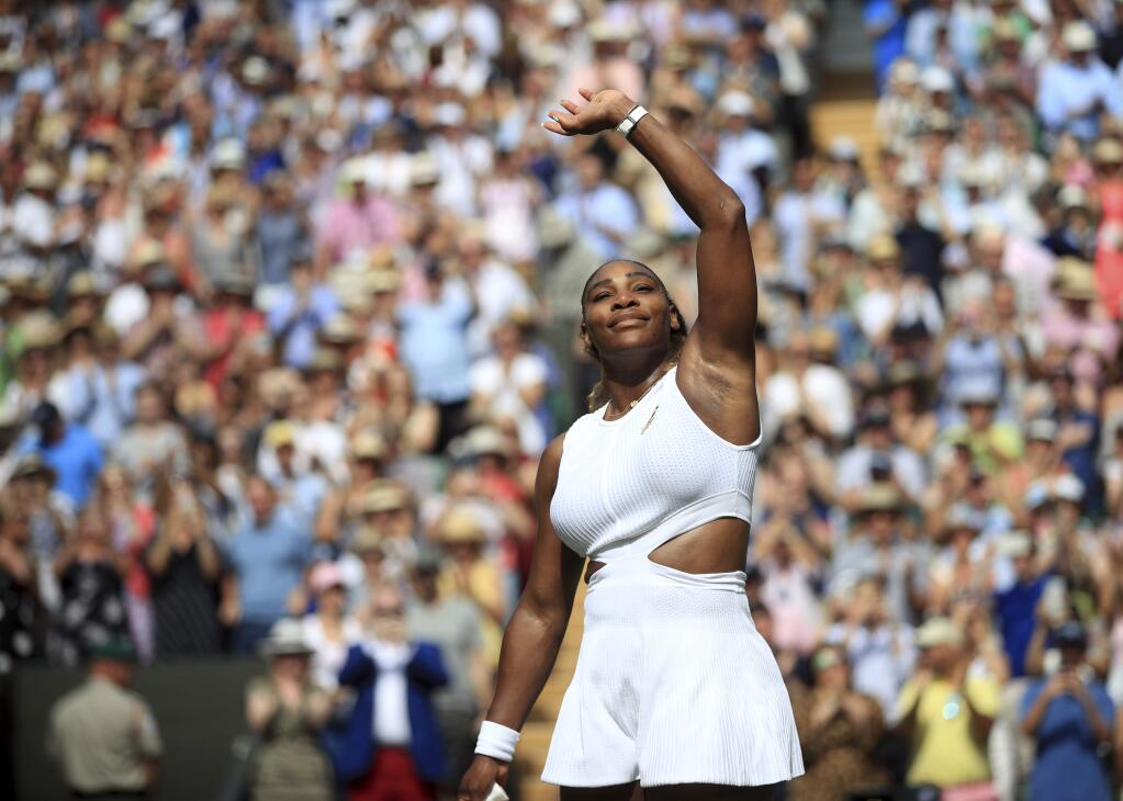 United States' Serena Williams celebrates after beating Czech Republic's Barbora Strycova in a Women's semifinal singles match on day ten of the Wimbledon Tennis Championships in London, Thursday, July 11, 2019. (Adam Davy/Pool Photo via AP)